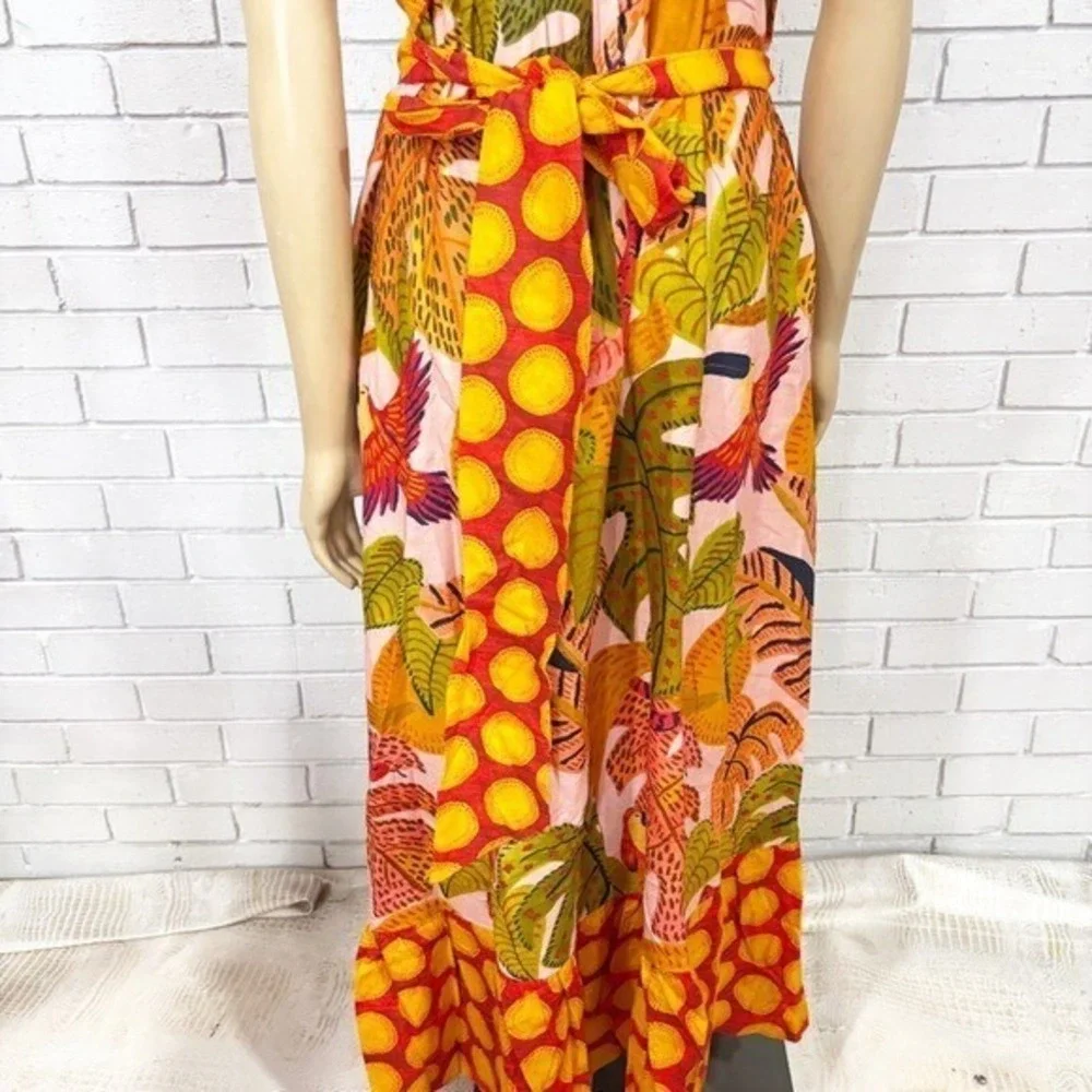 Farm Rio Summer Dream Ruffle Print Maxi Dress Red Yellow Green | Size Large - Picture 8 of 11